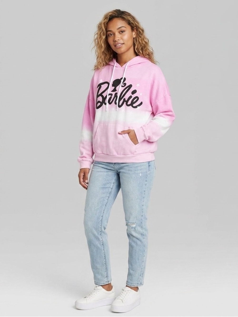 Barbie Pink and White Ombre Pullover Sweatshirt Hoodie with Black Logo, Size XXL